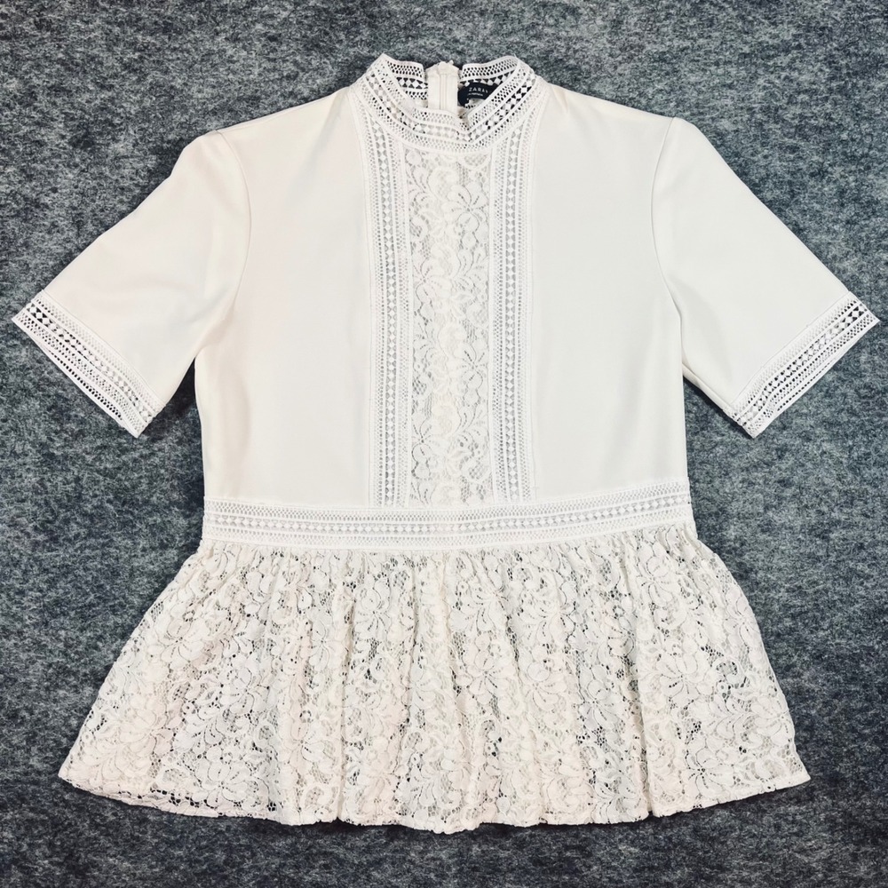 Zara Woman Lace Peplum Blouse Women XS Ivory Mock Neck Coquette Feminine Dressy